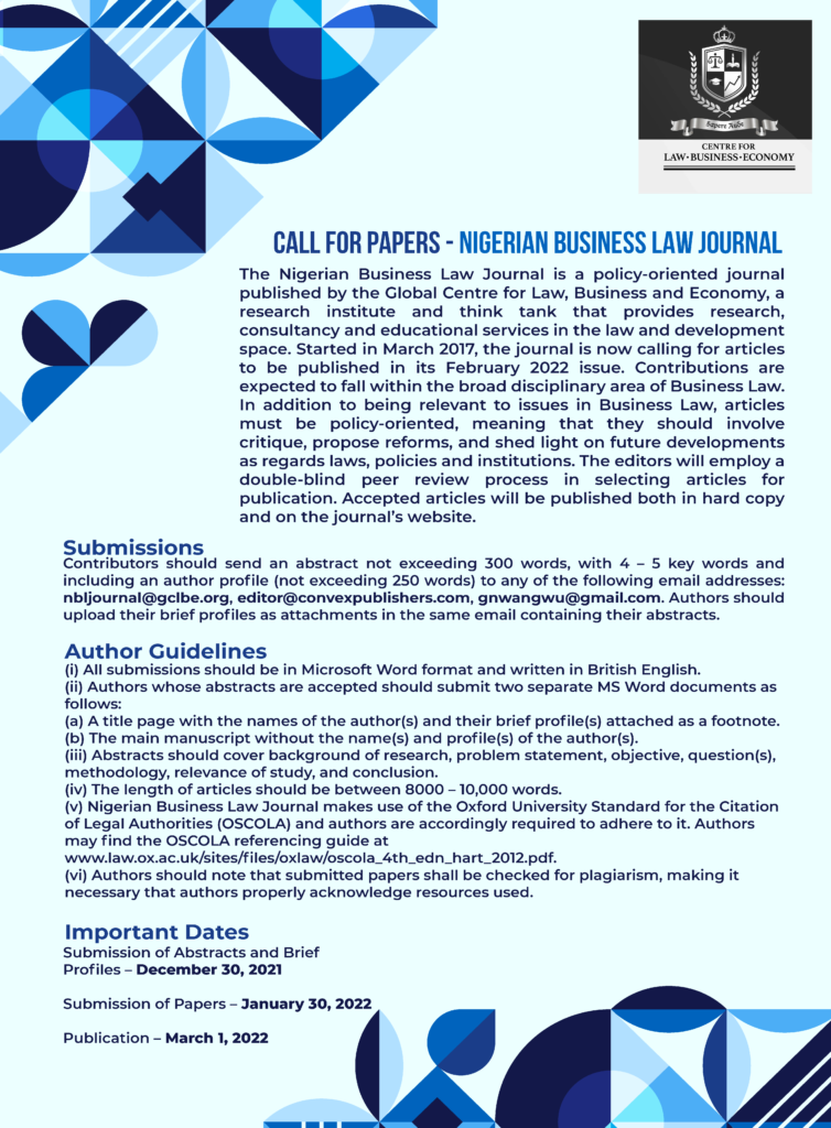 Call For Papers - Nigerian Business Law Journal